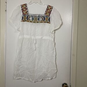 Johnny Was Sheer white embroidered floral drawstring tunic dress size Large